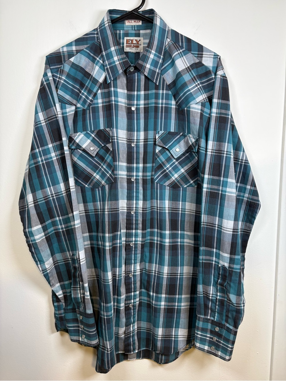 Ely Cattleman Teal and Black Plaid Western Button-Down Shirt
